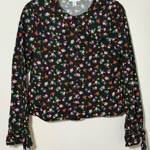 Floral Black Buttondown Blouse with Peter Pan Collar